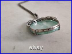 Art Deco Czech Peking Glass Faux Jade Pendant Necklace Clear Paste Glass Vintage