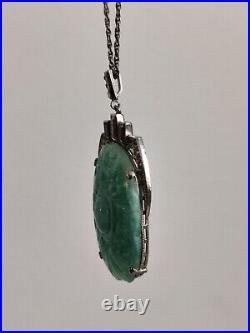 Art Deco Czech Peking Glass Faux Jade Pendant Necklace Clear Paste Glass Vintage