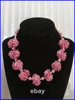 Art Deco Czech Pink Glass Flowers Roses Necklace 16