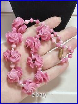 Art Deco Czech Pink Glass Flowers Roses Necklace 16