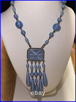 Art Deco Czech Satin Star Blue Glass Fringe Chandelier Drop Pendant Necklace