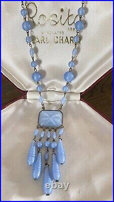 Art Deco Czech Satin Star Blue Glass Fringe Chandelier Drop Pendant Necklace