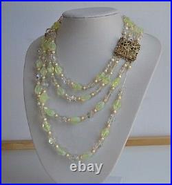 Art Deco Czech uranium yellow opaline glass crystal faux pearl 4 rows Necklace