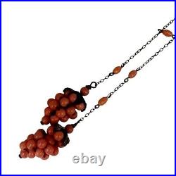 Art Deco Dainty Long Coral Colored Grape Necklace (A5830)