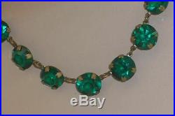 Art Deco Dark Green Bezel Set Crystal Choker Necklace Set in Old Brass