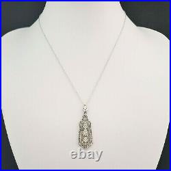Art Deco Diamond 10k White Gold Filigree Pendant with Chain Necklace Vintage