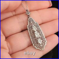 Art Deco Diamond 10k White Gold Filigree Pendant with Chain Necklace Vintage