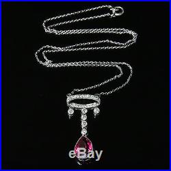Art Deco Diamond Necklace Platinum Pink Tourmaline Old Cut Diamond Pendant