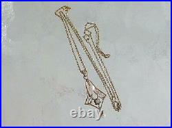 Art Deco Diamond & Pearl 10k Gold Lavalier Filigree Pendant & Necklace Vintage