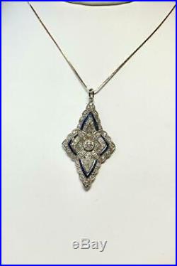 Art Deco Diamond Sapphire Platinum Pendant Lavaliere Antique Necklace