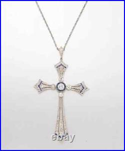 Art Deco Edwardian Christian Cross Pendant Blue Sapphire & Diamond Simulated 925
