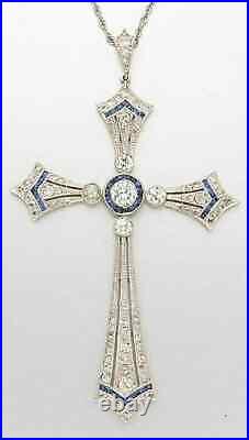 Art Deco Edwardian Christian Cross Pendant Blue Sapphire & Diamond Simulated 925
