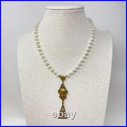 Art Deco Edwardian String of Pearls Necklace With Brass Pendant Nouveau