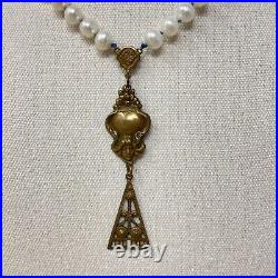 Art Deco Edwardian String of Pearls Necklace With Brass Pendant Nouveau