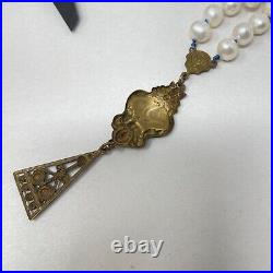 Art Deco Edwardian String of Pearls Necklace With Brass Pendant Nouveau