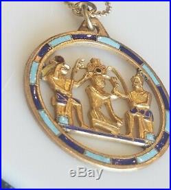 Art Deco Egyptian Revival 14k 585 Chain Blue Purple Enamel GF Egyptians Necklace