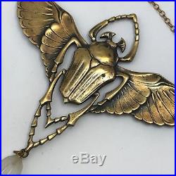 Art Deco Egyptian Revival Gold Plat Glass Scarab Beetle Pendant Necklace