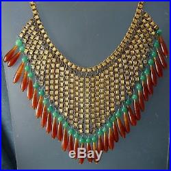 Art Deco Egyptian Revival Necklace Fringe Bib Jade & Carnelian Glass Beads