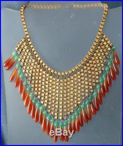 Art Deco Egyptian Revival Necklace Fringe Bib Jade & Carnelian Glass Beads