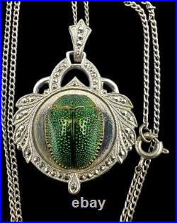 Art Deco Egyptian Revival Real Scarab Sterling & Marcasite Pendant Necklace