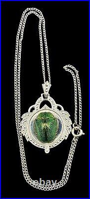 Art Deco Egyptian Revival Real Scarab Sterling & Marcasite Pendant Necklace