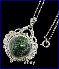 Art Deco Egyptian Revival Real Scarab Sterling & Marcasite Pendant Necklace