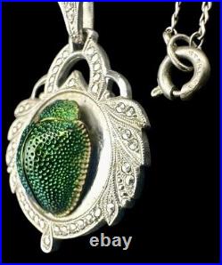 Art Deco Egyptian Revival Real Scarab Sterling & Marcasite Pendant Necklace