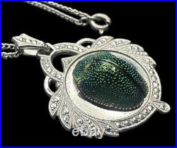 Art Deco Egyptian Revival Real Scarab Sterling & Marcasite Pendant Necklace