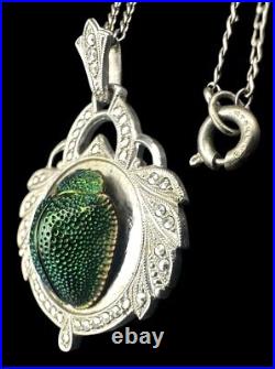 Art Deco Egyptian Revival Real Scarab Sterling & Marcasite Pendant Necklace