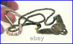 Art Deco Egyptian Revival Scarab Necklace Sterling Silver Shell Beads 17 Inches