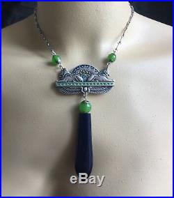 Art Deco Egyptian revival sphinx necklace with Green Bakelite & navy Galalith