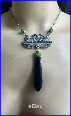 Art Deco Egyptian revival sphinx necklace with Green Bakelite & navy Galalith