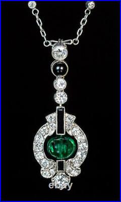 Art Deco Emerald, Cubic Zirconia and Onyx Pendant Necklace In 925 Solid Silver