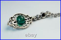 Art Deco Emerald, Cubic Zirconia and Onyx Pendant Necklace In 925 Solid Silver
