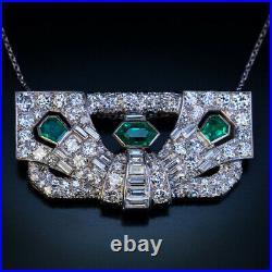 Art Deco Emerald Diamond Brooch Pin / Pendant In 14K White Gold Over 18Necklace