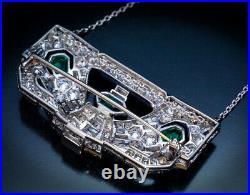 Art Deco Emerald Diamond Brooch Pin / Pendant In 14K White Gold Over 18Necklace