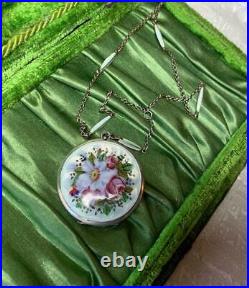 Art Deco Enamel Sterling Flower Locket On Original Enamel Chain Necklace