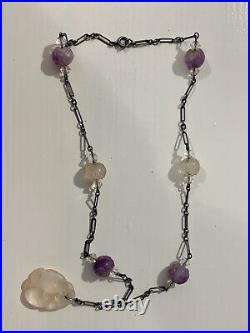 Art Deco Era Antique Amethyst Carved Beads Sterling Germany Necklace & Bracelet