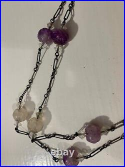 Art Deco Era Antique Amethyst Carved Beads Sterling Germany Necklace & Bracelet