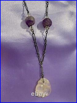 Art Deco Era Antique Amethyst Carved Beads Sterling Germany Necklace & Bracelet