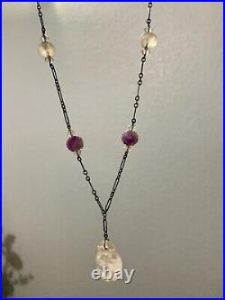 Art Deco Era Antique Amethyst Carved Beads Sterling Germany Necklace & Bracelet