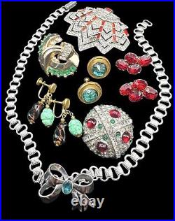 Art Deco Estate Jewelry Lot Rhinestone Glass Dress Clips Brooch Necklace Earring