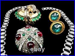 Art Deco Estate Jewelry Lot Rhinestone Glass Dress Clips Brooch Necklace Earring