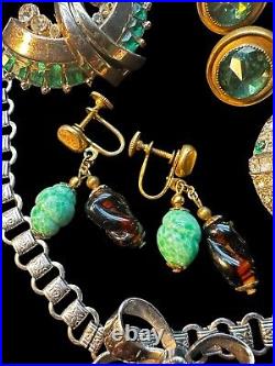 Art Deco Estate Jewelry Lot Rhinestone Glass Dress Clips Brooch Necklace Earring