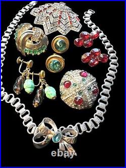 Art Deco Estate Jewelry Lot Rhinestone Glass Dress Clips Brooch Necklace Earring