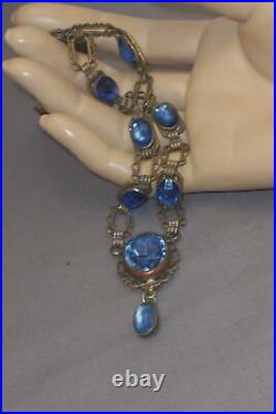 Art Deco Faceted Blue Open Back & Foil Back Choker Necklace With Dangle