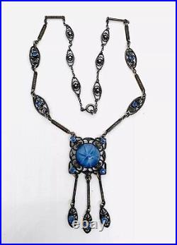 Art Deco Faux Star Sapphire Glass & Blue Rhinestone Necklace Vintage Jewelry