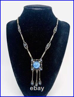 Art Deco Faux Star Sapphire Glass & Blue Rhinestone Necklace Vintage Jewelry