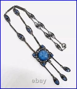 Art Deco Faux Star Sapphire Glass & Blue Rhinestone Necklace Vintage Jewelry