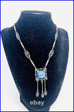 Art Deco Faux Star Sapphire Glass & Blue Rhinestone Necklace Vintage Jewelry